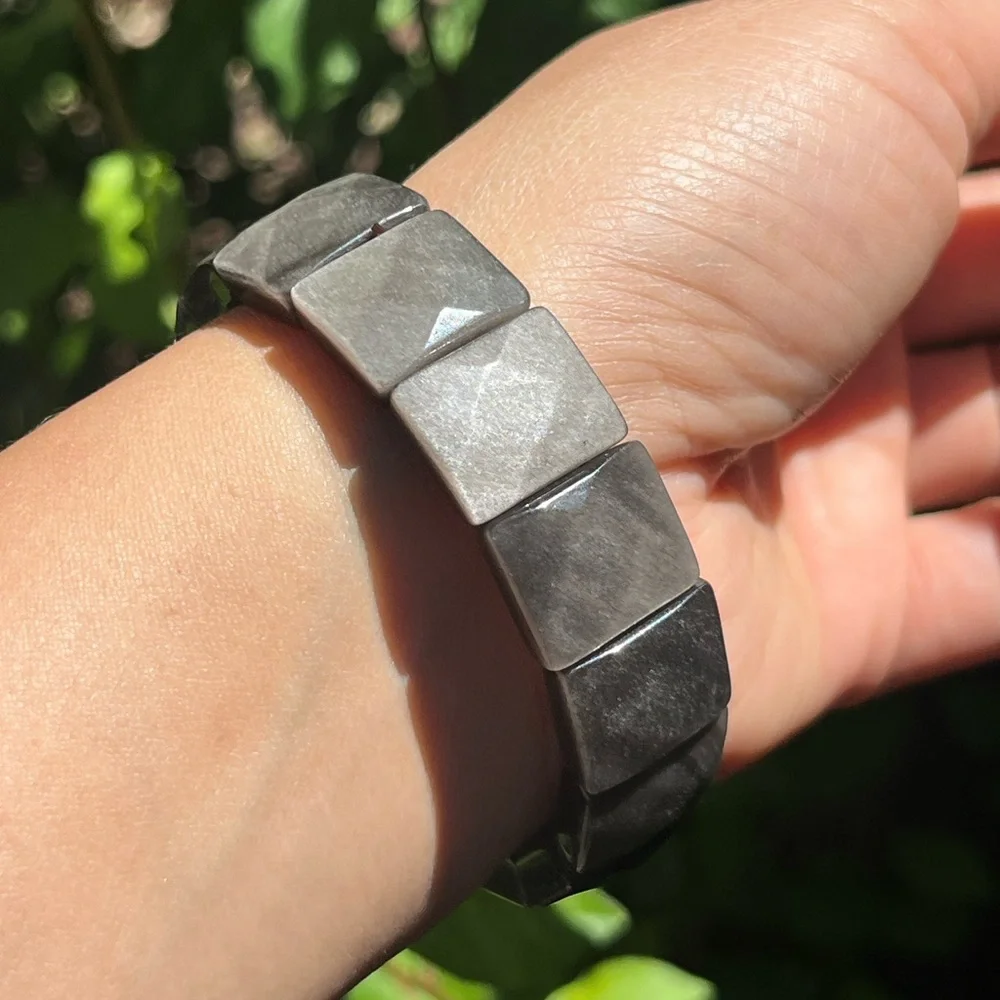 Stretchable‎ faceted silver obsidian soft bangle